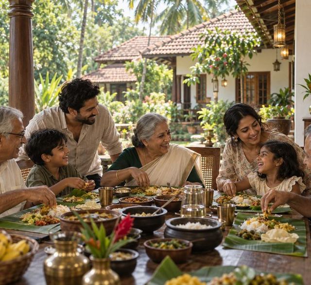 Three generations over a banana-leaf lunch at a Kerala homestay