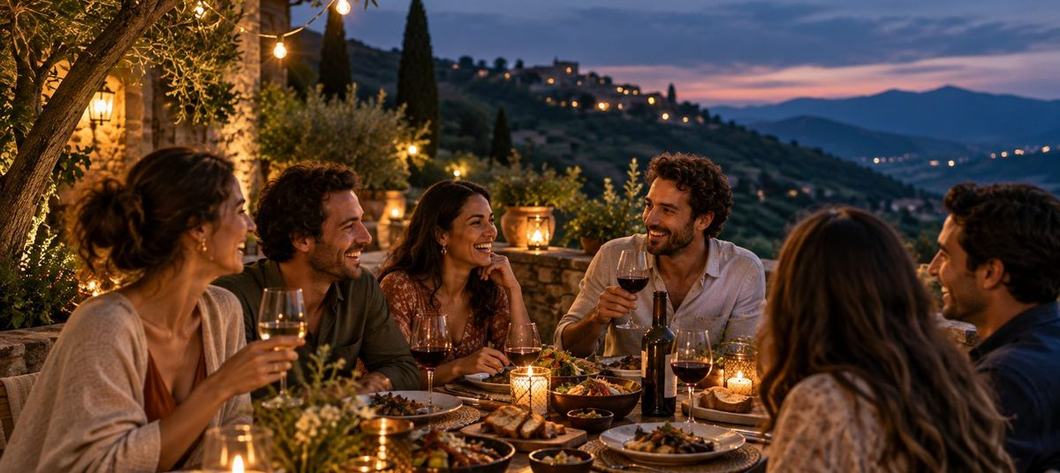 Friends laughing round a long table under festoon lights, hills beyond