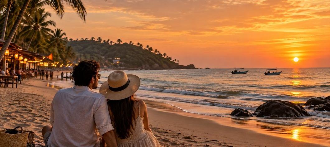 A couple watching the sun set from a beach shack, Goa