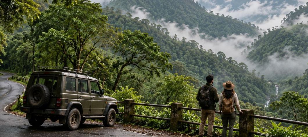 A jeep stopped on a misty ghat road, two travellers looking over the valley