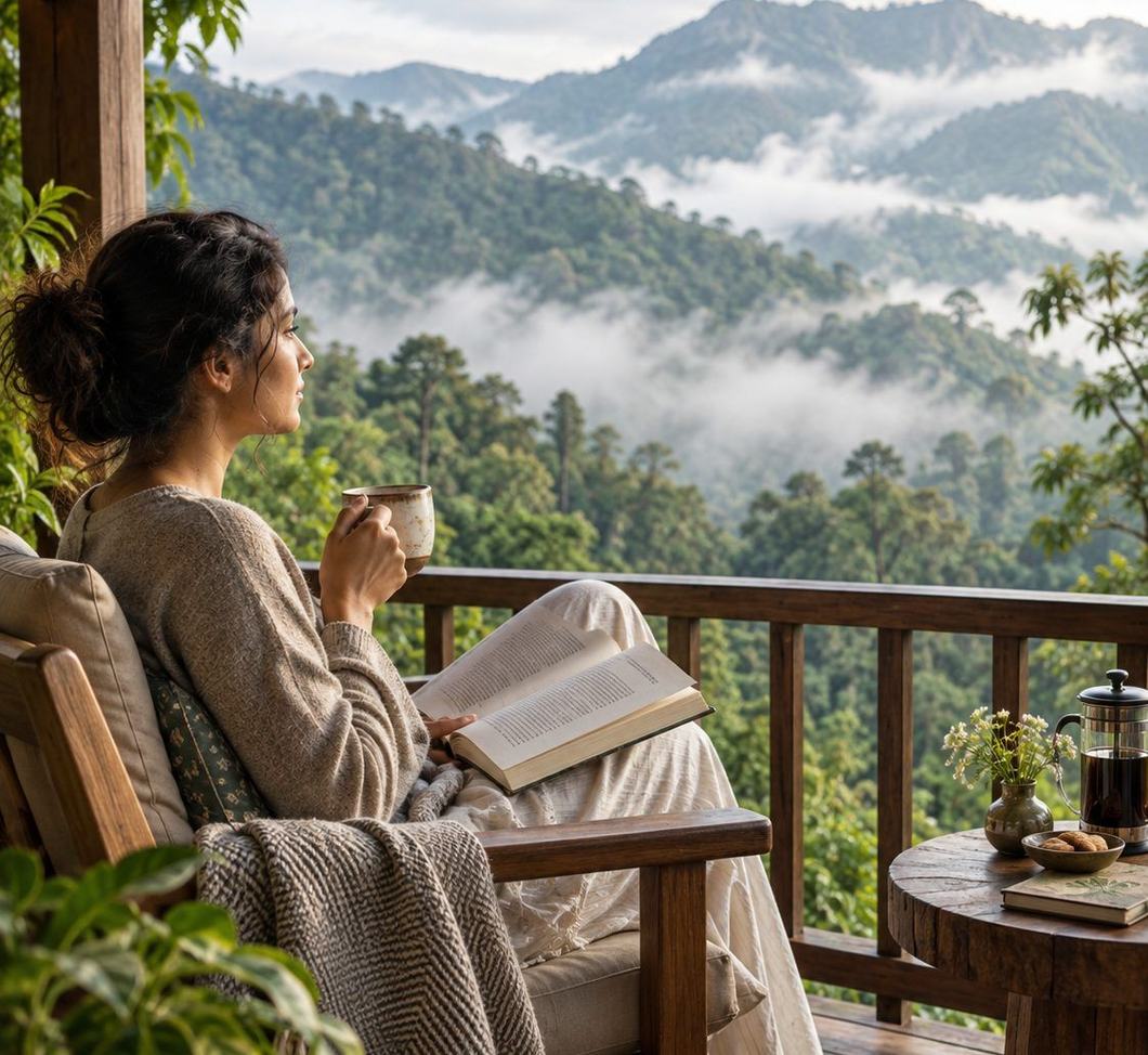 A quiet veranda over misty hills — tea, a book, nowhere to be