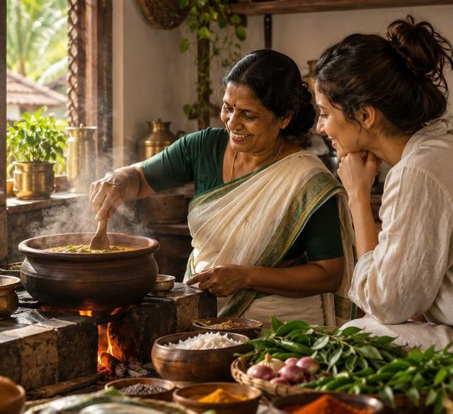 A cook stirring a clay pot while a traveller watches, Kerala home kitchen