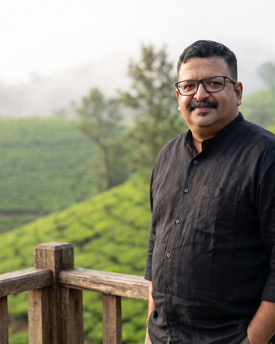 Manoj Menon at a wooden viewpoint over misty tea country