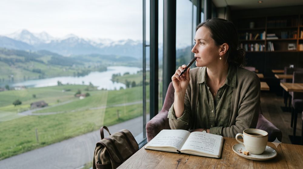 A traveller with a notebook and coffee, looking out at a lake and mountains