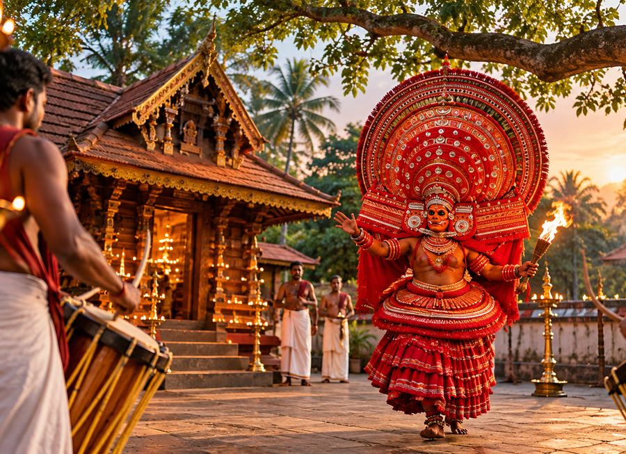A Theyyam performer in red before a lit temple at dusk, north Kerala